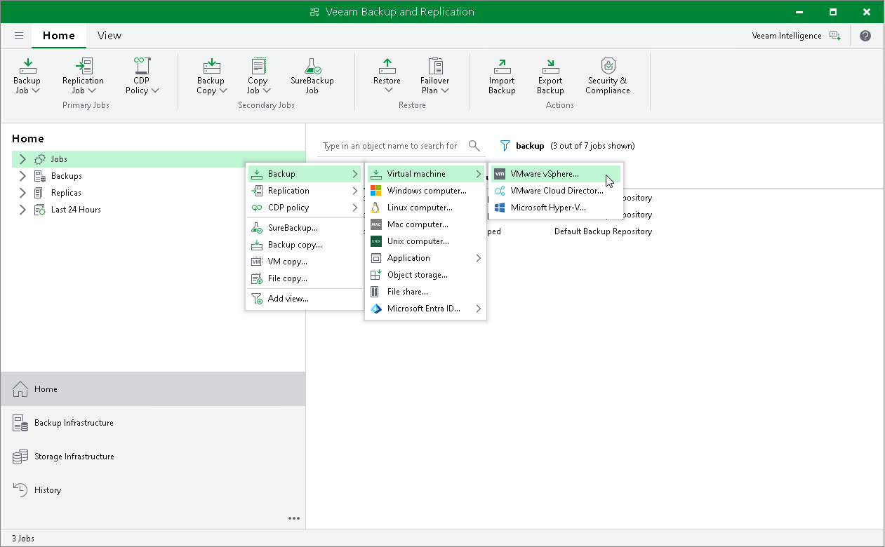 Creating a virtual machine backup job in Veeam Backup and Replication