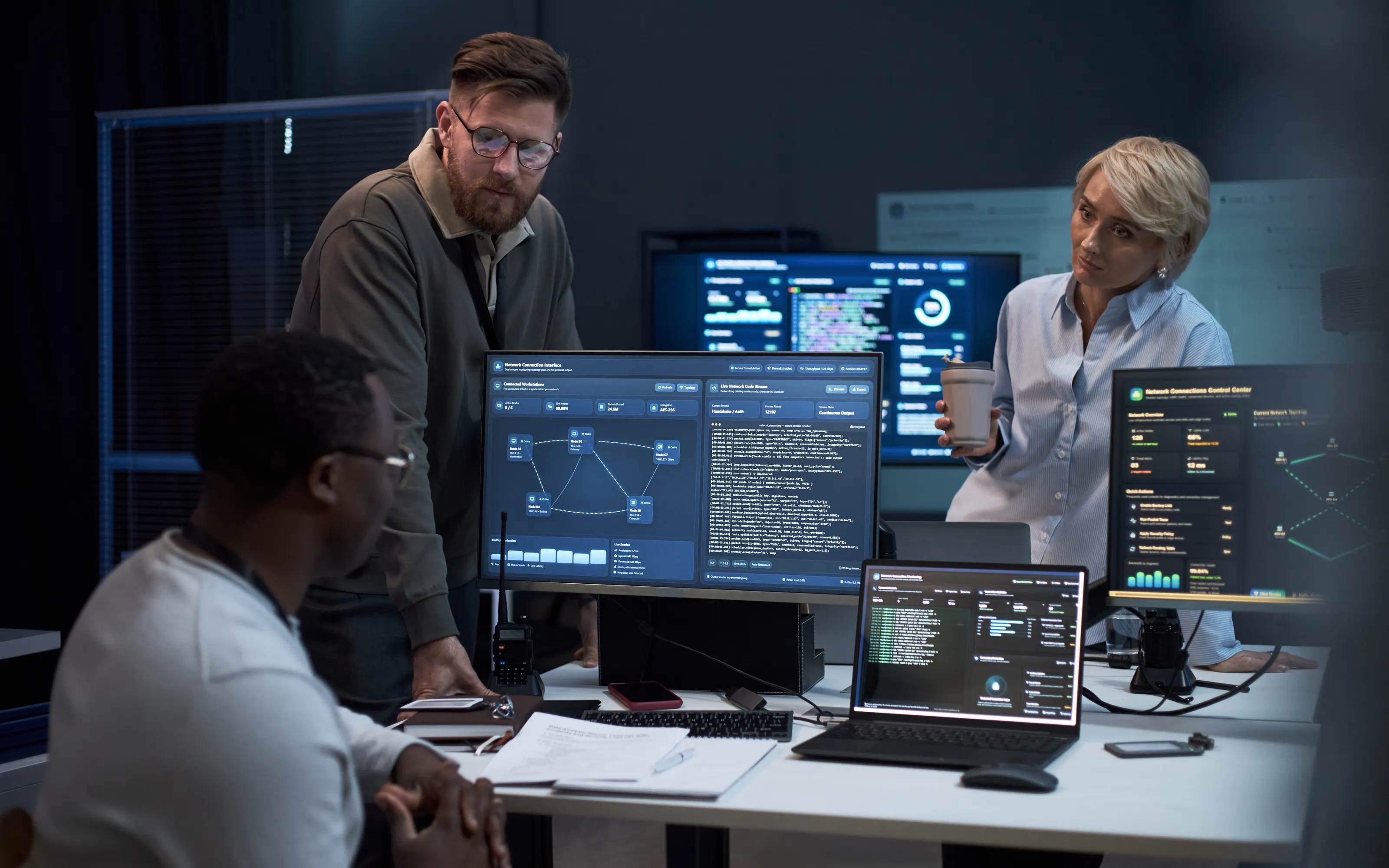 Analysts reviewing security alerts on screen in a darkened operations room