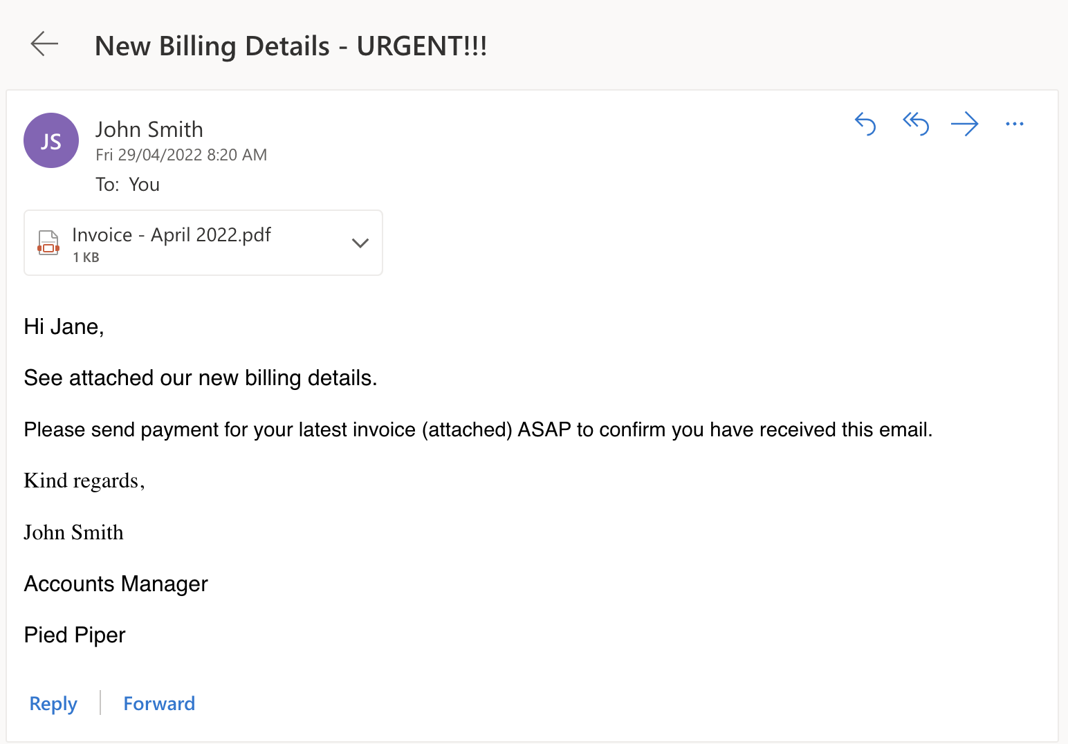 An email asking for payment to changed billing details, with an invoice attached