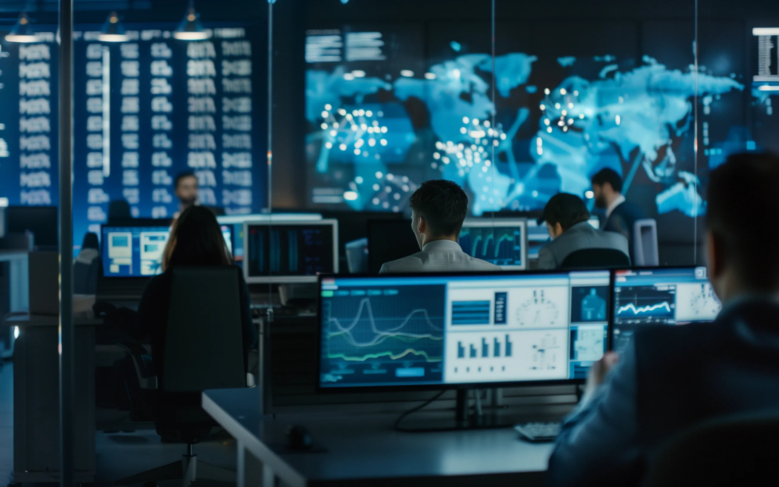 Analysts monitoring security dashboards in an operations centre